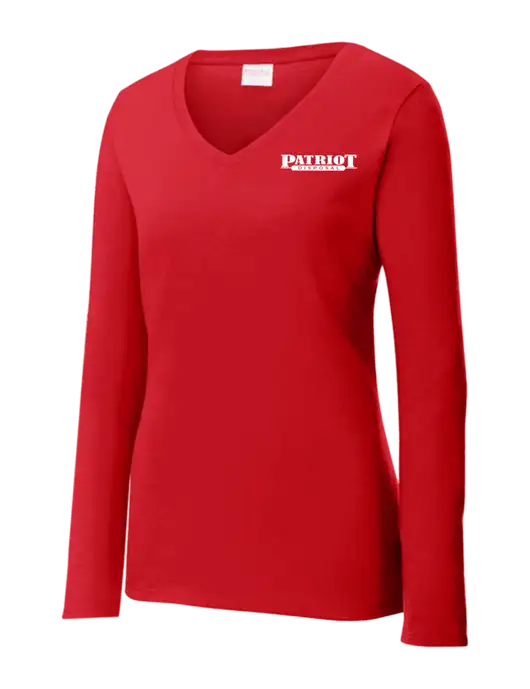 Womens  V-Neck Ring Spun Bright Red 4.5 oz Long Sleeve T-Shirt w/Patriot Disposal Logo