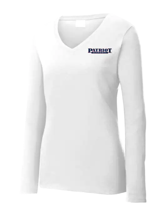 Womens  V-Neck Ring Spun White 4.5 oz Long Sleeve T-Shirt w/Patriot Disposal Logo