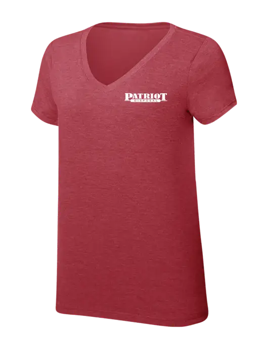 Womens Simply Soft V-Neck Red Frost 4.5oz  Poly/Combed Ring Spun Cotton T-Shirt w/Patriot Disposal Logo