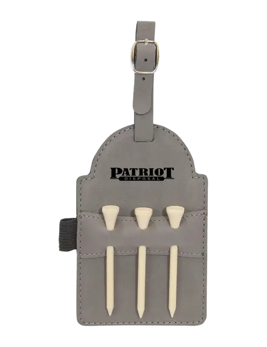 Grey Leatherette Golf Bag Tag with 3 Wooden Tees w/Patriot Disposal Logo