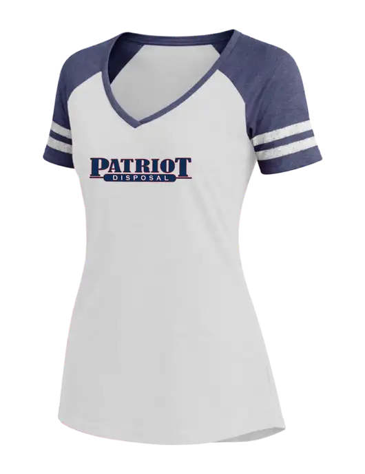 Womens White/Navy Heather V-Neck Game Tee w/Patriot Disposal Logo