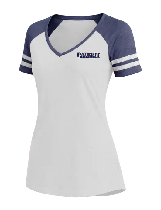 Womens White/Navy Heather V-Neck Game Tee w/Patriot Disposal Logo