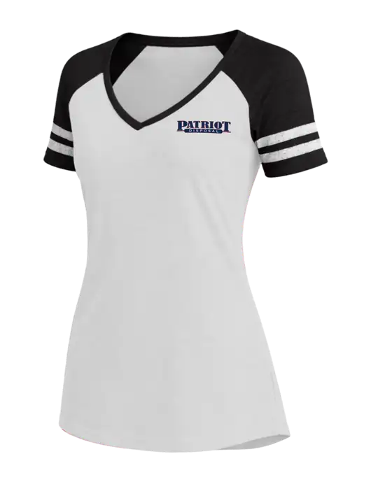 Womens White/Black V-Neck Game Tee w/Patriot Disposal Logo