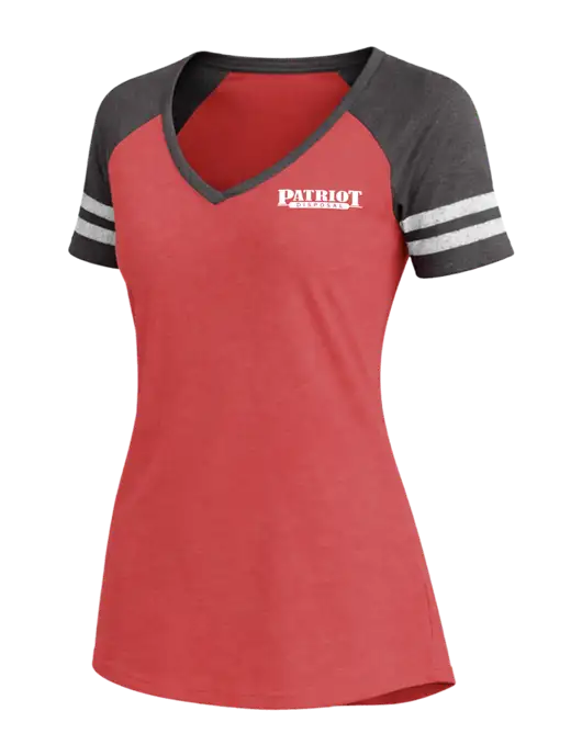 Womens Red Heather/Charcoal Heather V-Neck Game Tee w/Patriot Disposal Logo