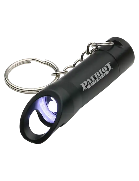 Black Pocket LED Flashlight with Bottle Opener & Keychain w/Patriot Disposal Logo