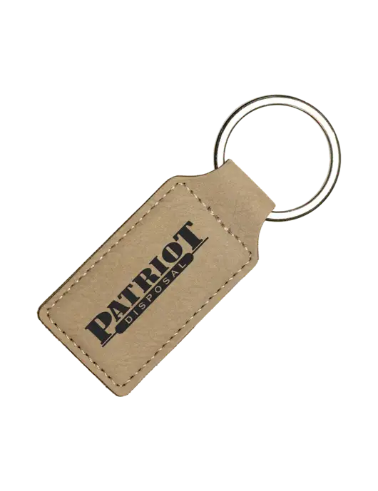 Tan Laserable Leatherette Rectangle Keychain w/Patriot Disposal Logo