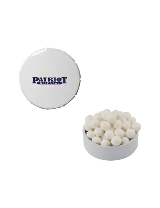 Signature Peppermints In White Snap Top Tin  w/Patriot Disposal Logo