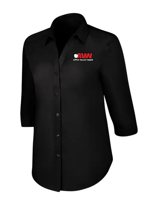 Womens Black 3/4 Sleeve Carefree Poplin Shirt w/Apple Valley Logo