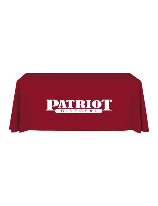 6' Stain-Resistant 4-Sided Red Table Cover w/Patriot Disposal Logo